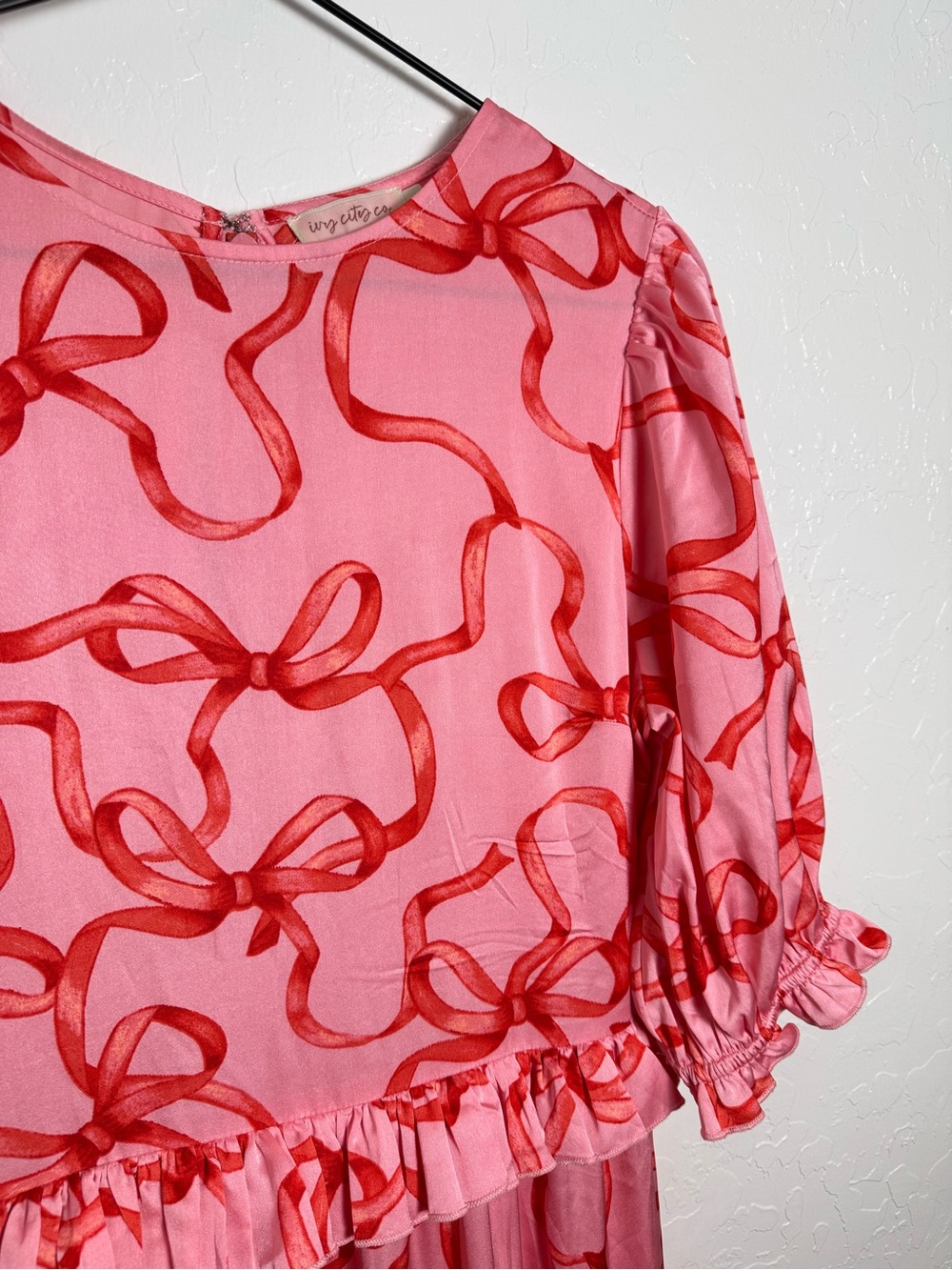 Ivy City Co Pink and Red Ribbon and Bow Print Ruffle Tiered Maxi Dress - Picture 4 of 14